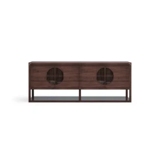 Walnut Low TV Cabinet with Round Slatted Moon Doors in walnut — front view