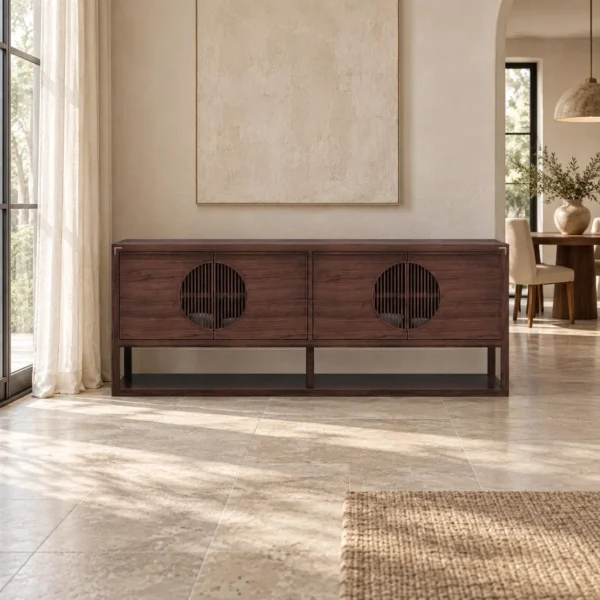 Walnut Low TV Cabinet with Round Slatted Moon Doors in walnut — in a room setting