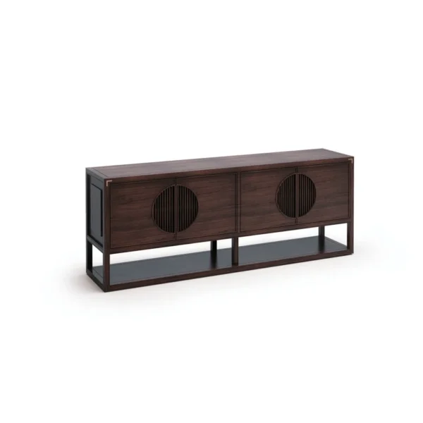 Walnut Low TV Cabinet with Round Slatted Moon Doors in walnut — in a room setting