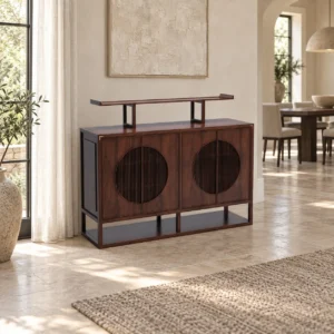 Walnut Sideboard with Moon Window Doors and Raised Top Rail in walnut — in a room setting