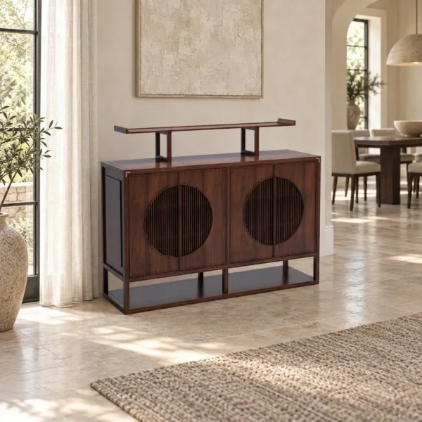 Walnut Sideboard with Moon Window Doors and Raised Top Rail in walnut — in a room setting