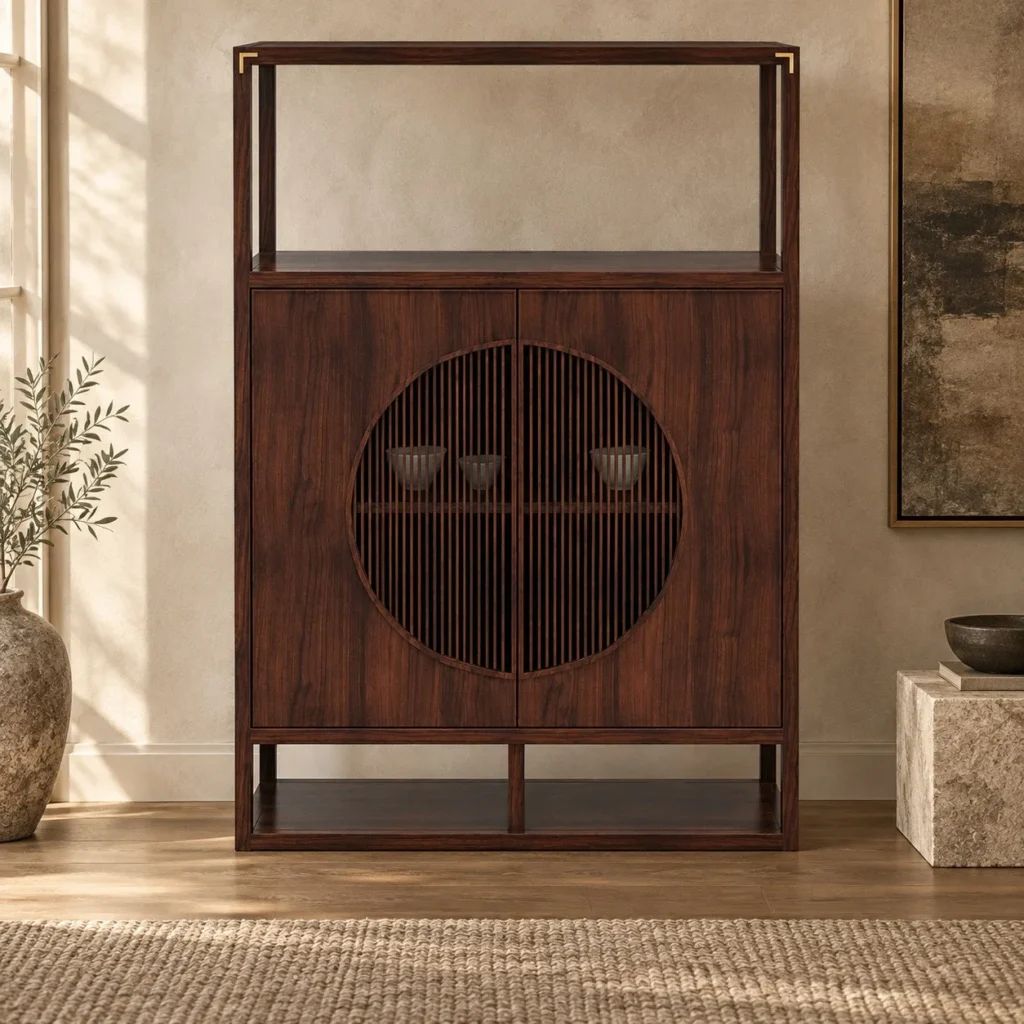 Walnut Tall Cabinet with Large Moon Window Doors and Open in walnut — front view