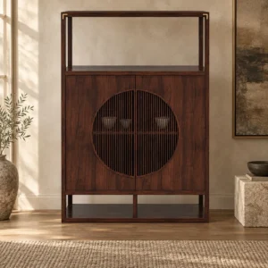 Walnut Tall Cabinet with Large Moon Window Doors and Open in walnut — front view