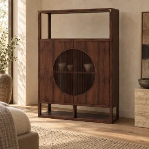 Walnut Tall Cabinet with Large Moon Window Doors and Open in walnut — in a room setting