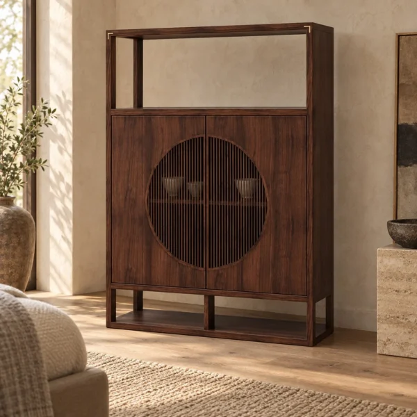 Walnut Tall Cabinet with Large Moon Window Doors and Open in walnut — in a room setting
