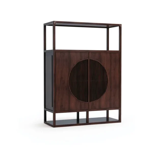 Walnut Tall Cabinet with Large Moon Window Doors and Open in walnut — in a room setting