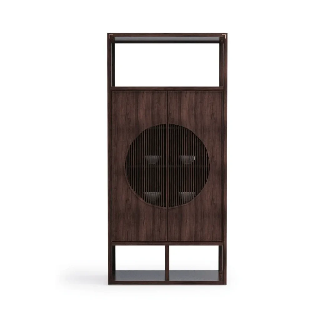 Walnut Slim Cabinet with Moon Window Doors and Open Shelves in walnut — front view