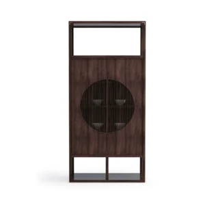 Walnut Slim Cabinet with Moon Window Doors and Open Shelves in walnut — front view