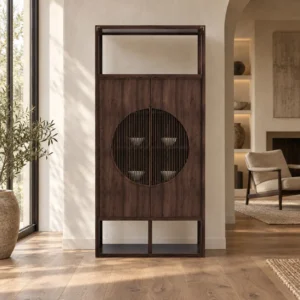 Walnut Slim Cabinet with Moon Window Doors and Open Shelves in walnut — in a room setting