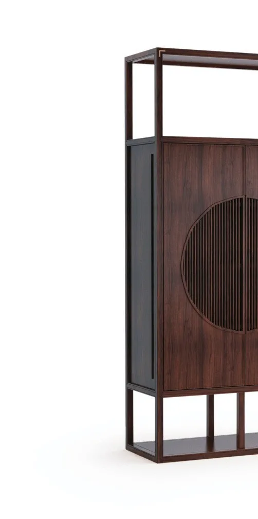 Walnut Slim Cabinet with Moon Window Doors and Open Shelves in walnut — in a room setting