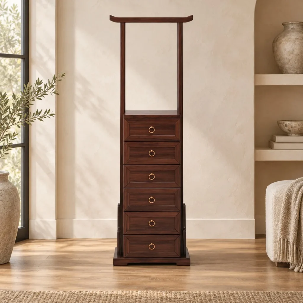 Walnut Valet Stand with Six Drawers and Hanging Rail in walnut — front view