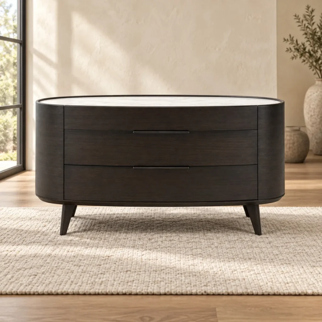 Oval Dark Veneer Sideboard with Jazz White Marble Top in black — front view