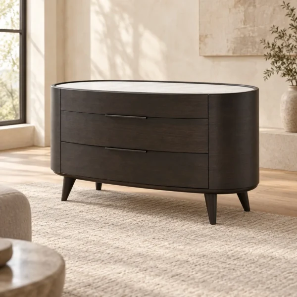 Oval Dark Veneer Sideboard with Jazz White Marble Top in black — in a room setting