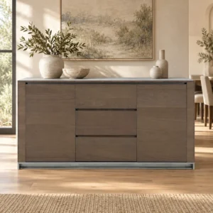 Dark Veneer Sideboard with Doors and Drawers on Metal Base in clay — front view