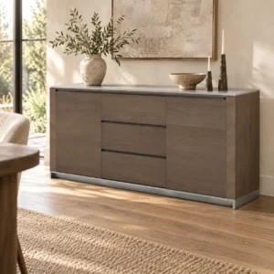 Dark Veneer Sideboard with Doors and Drawers on Metal Base in clay — in a room setting