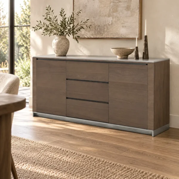 Dark Veneer Sideboard with Doors and Drawers on Metal Base in clay — in a room setting