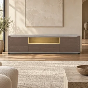 Low Dark Veneer TV Sideboard in clay — front view
