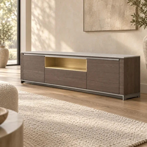 Low Dark Veneer TV Sideboard in clay — in a room setting