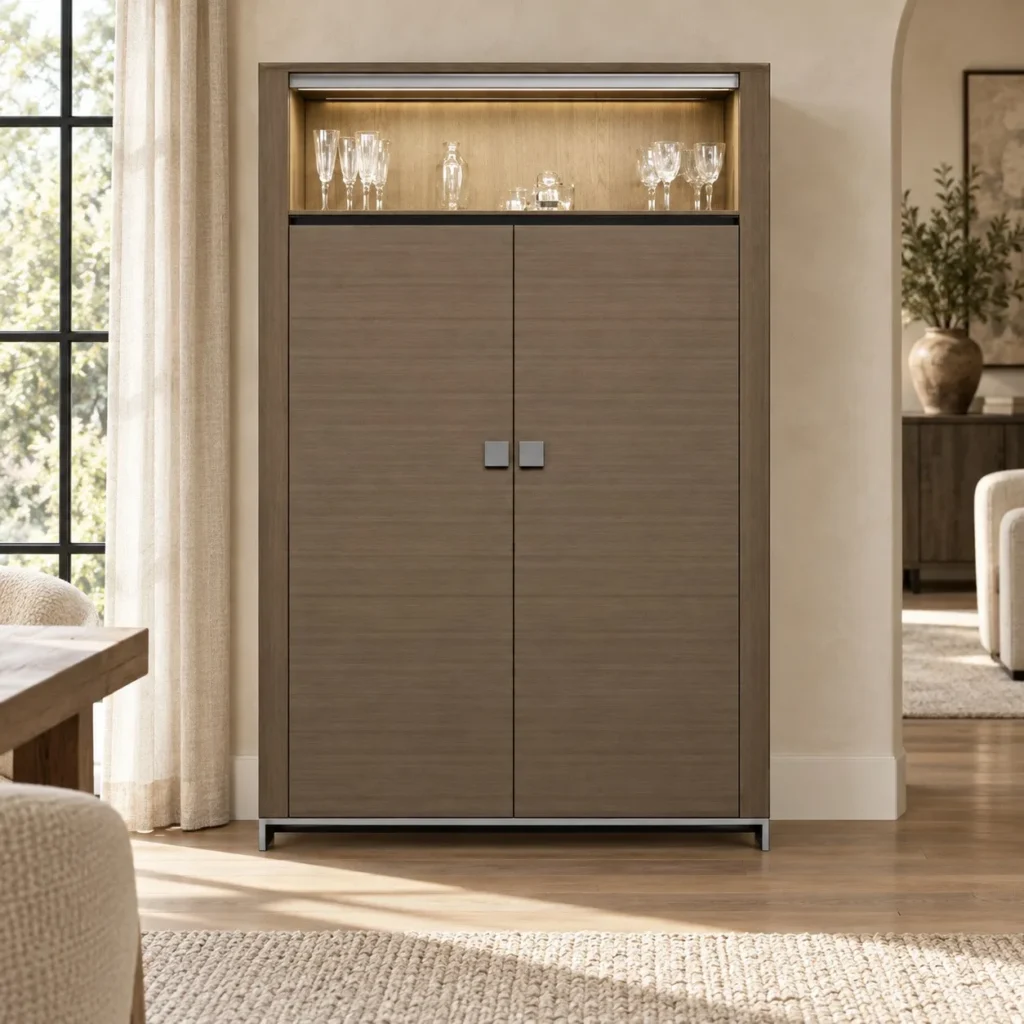 Tall Taupe Veneer Bar Cabinet with Lit Top Display, 190 cm in clay — front view