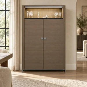 Tall Taupe Veneer Bar Cabinet with Lit Top Display, 190 cm in clay — front view