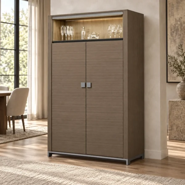 Tall Taupe Veneer Bar Cabinet with Lit Top Display, 190 cm in clay — in a room setting