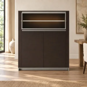 Dark Veneer Highboard with Lit Display Niche on Metal Base in black — front view
