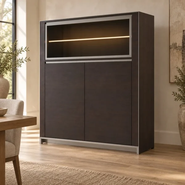Dark Veneer Highboard with Lit Display Niche on Metal Base in black — in a room setting