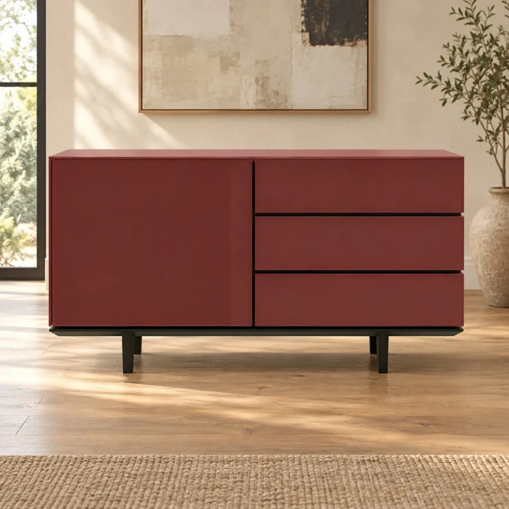Burgundy Lacquered Sideboard with Door and Drawers, 130 cm in burgundy — front view