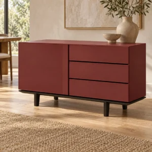 Burgundy Lacquered Sideboard with Door and Drawers, 130 cm in burgundy — in a room setting