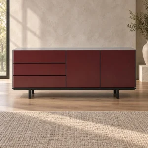 Burgundy Lacquered Long Sideboard with Doors and Drawers in burgundy — front view