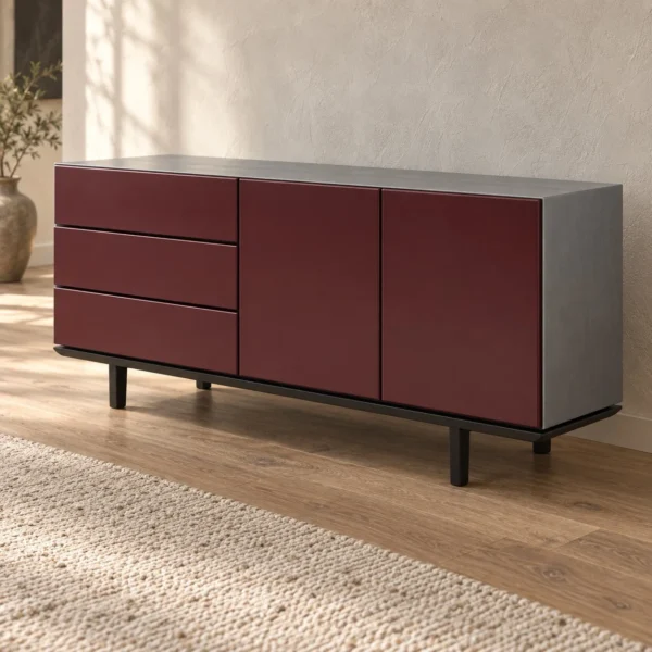 Burgundy Lacquered Long Sideboard with Doors and Drawers in burgundy — in a room setting
