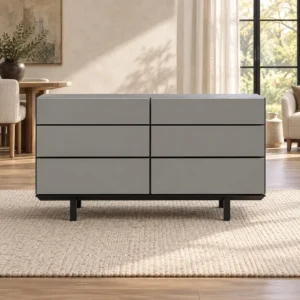 Light Grey Lacquered Six-Drawer Chest on Wood Legs, 144 cm in slate — front view