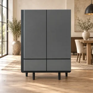 Charcoal Lacquered Tall Cabinet with Doors and Drawers in slate — front view