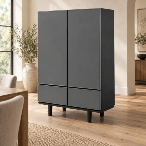 Charcoal Lacquered Tall Cabinet with Doors and Drawers in slate — in a room setting