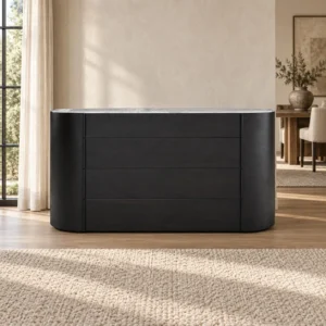 Black Oval Sideboard with Jazz White Marble Top and Drawers in black — front view