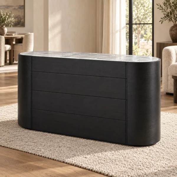 Black Oval Sideboard with Jazz White Marble Top and Drawers in black — in a room setting