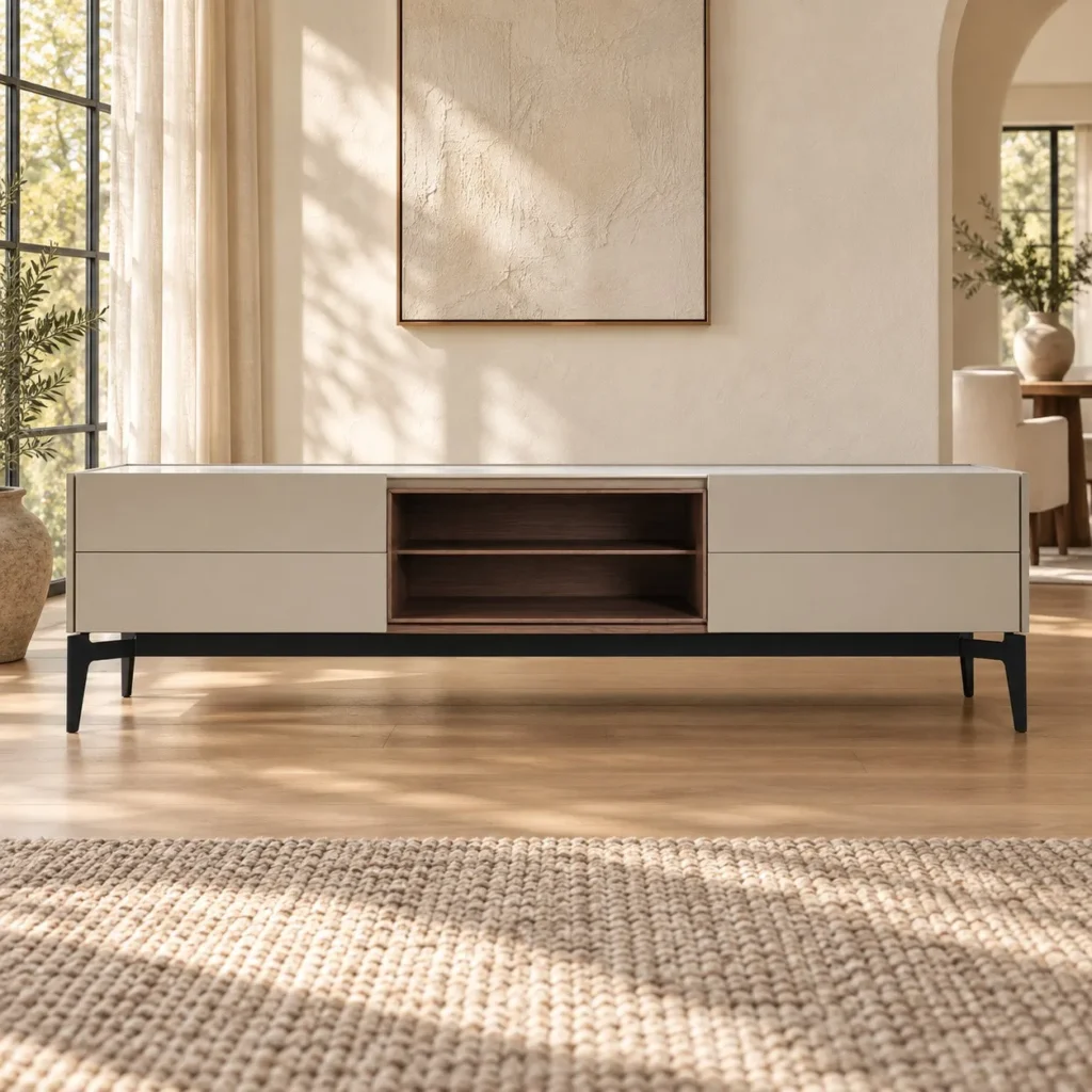 Cream and Walnut Low TV Sideboard in oatmeal — front view