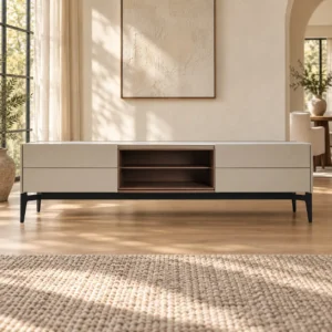 Cream and Walnut Low TV Sideboard in oatmeal — front view