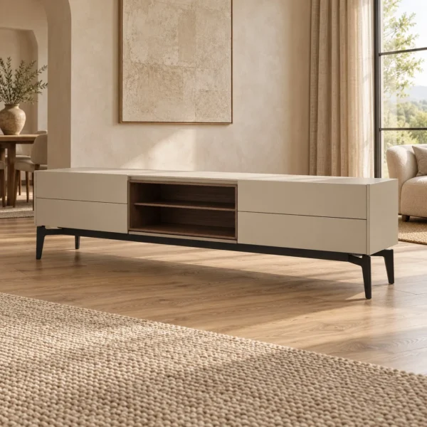 Cream and Walnut Low TV Sideboard in oatmeal — in a room setting