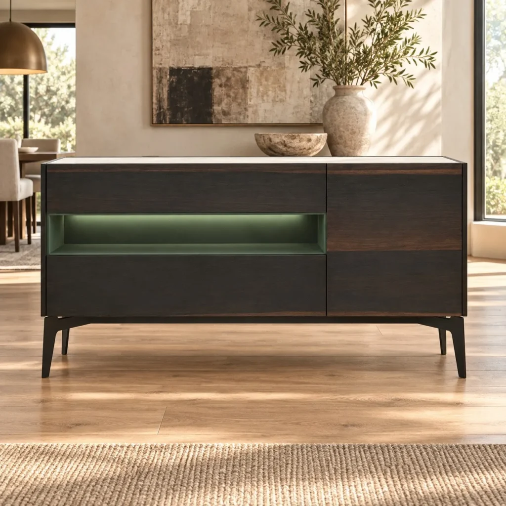 Dark Veneer Sideboard with Lit Green Niche and Marble Top in black — front view
