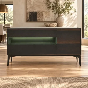 Dark Veneer Sideboard with Lit Green Niche and Marble Top in black — front view