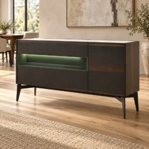 Dark Veneer Sideboard with Lit Green Niche and Marble Top in black — in a room setting