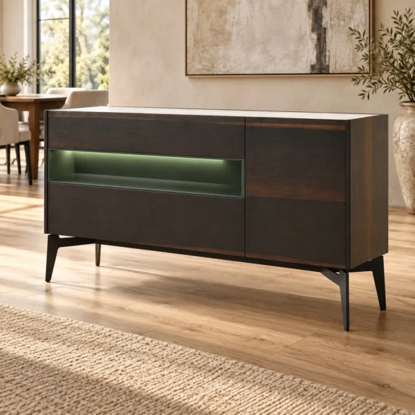 Dark Veneer Sideboard with Lit Green Niche and Marble Top in black — in a room setting