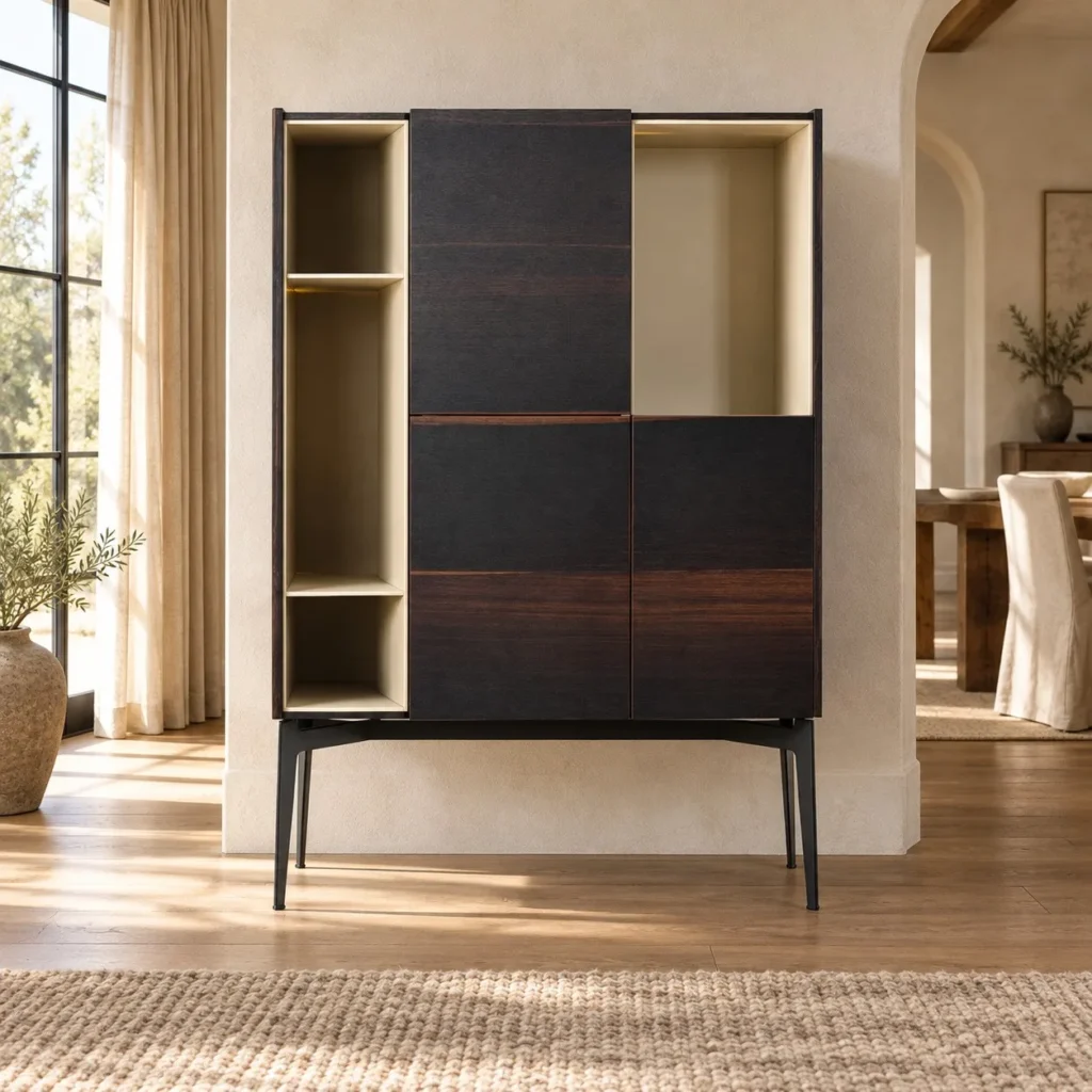 Dark Veneer Display Highboard with Cream Open Shelves in black — front view