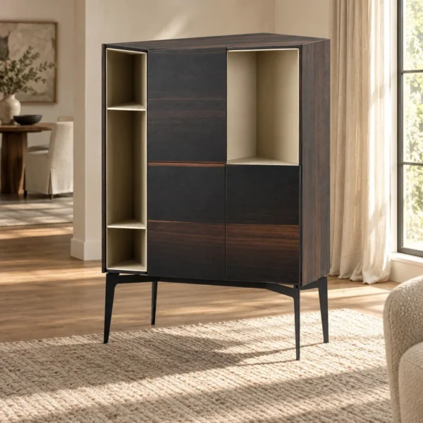 Dark Veneer Display Highboard with Cream Open Shelves in black — in a room setting