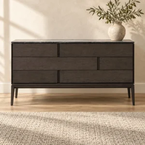 Dark Veneer Sideboard with Black Marble Top on Metal Legs in black — front view