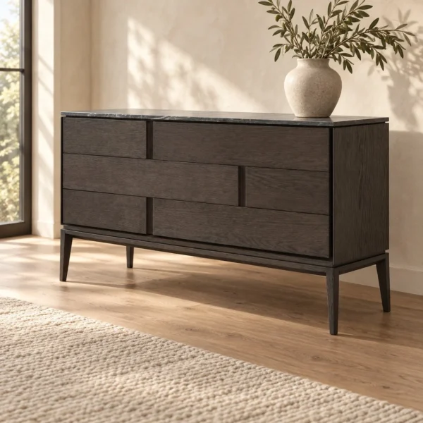 Dark Veneer Sideboard with Black Marble Top on Metal Legs in black — in a room setting