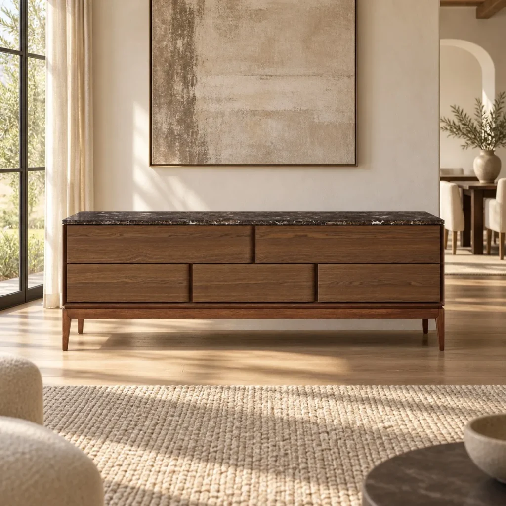 Walnut Veneer Low Sideboard with Black Marble Top, 220 cm in walnut — front view