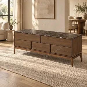 Walnut Veneer Low Sideboard with Black Marble Top, 220 cm in walnut — in a room setting