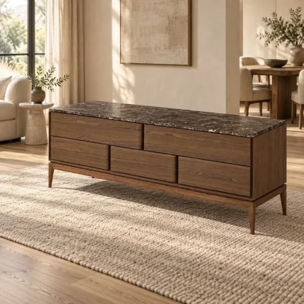 Walnut Veneer Low Sideboard with Black Marble Top, 220 cm in walnut — in a room setting